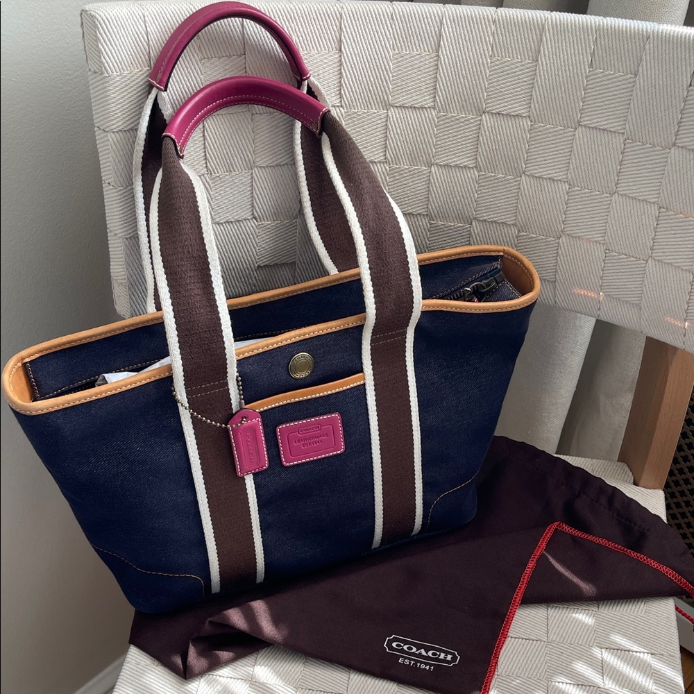 Coach Denim Canvas Tote with Brown Straps and Pink Trim